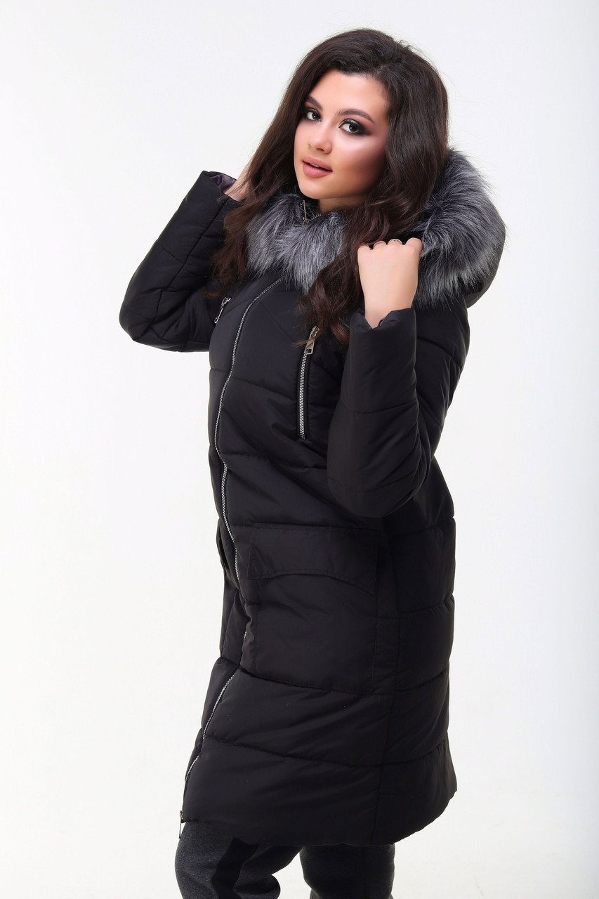 Теплая осенне-зимняя удлиненная стеганная куртка пальто с капюшоном с меховой опушкой, батал большие размеры - фото 1 - id-p8789493