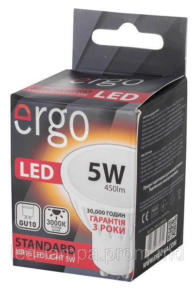 Светодиодная лампа ERGO, 5W, 3000K, тёплого свечения, MR16, цоколь - GU10, 3 года гарантии!!! - фото 1 - id-p5229205