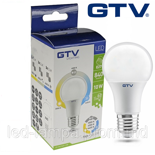 Светодиодная LED лампа GTV, 10W, E27, 3в1, 3000К + 4000К + 6400К. Гарантия - 2 года - фото 1 - id-p7810396