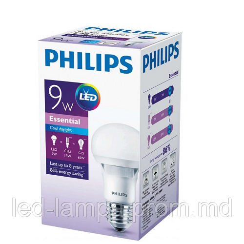 Светодиодная лампа PHILIPS, 9W, 6500K, холодного свечения, цоколь - Е27, 2 года гарантии!! - фото 1 - id-p5255131