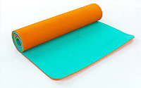 Коврик для йоги и фитнеса Yoga mat 2-х слойный TPE+TC 6mm FI-5172-1 ( 1.73*0.61*6mm) оранж-мятный