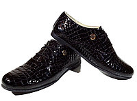 Туфли женские комфорт натуральная лаковая кожа "рептилия" черные на шнуровке (Т03)