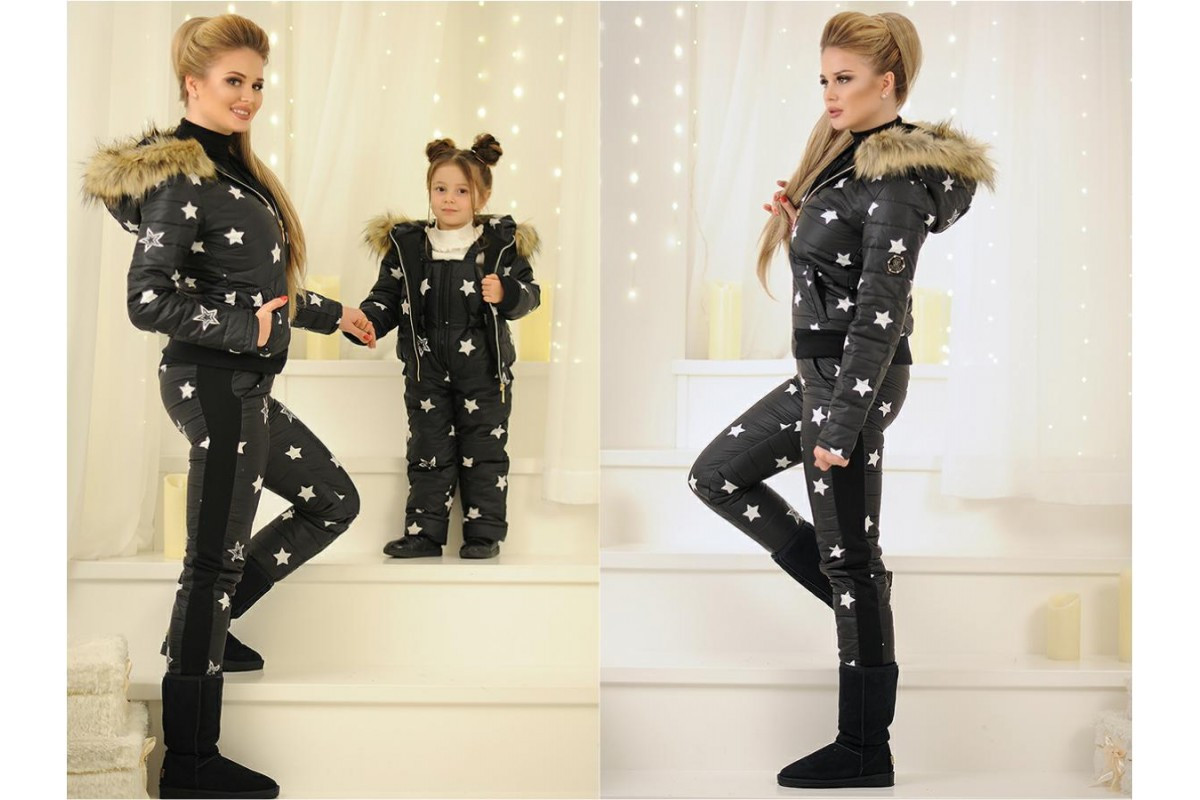 Теплый и стильный костюм женский на синтепоне куртка и штаны в звездах, серия мама и дочка - фото 1 - id-p5537097
