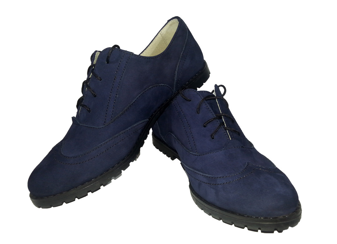 Туфли женские комфорт натуральная кожа "нубук" синие на шнуровке Юлиана (122сн) - фото 1 - id-p7813214