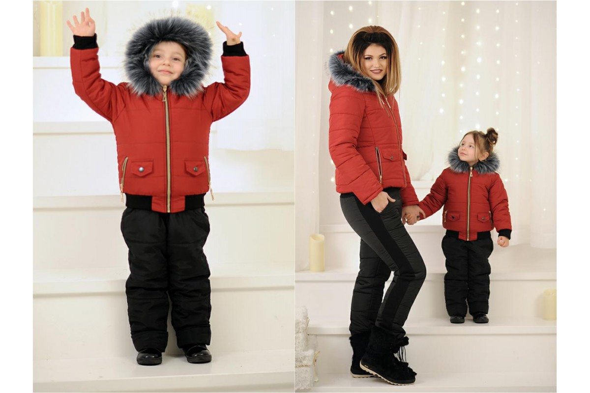 Утепленный зимний детский костюм на синтепоне полукомбез и куртка с капюшоном с мехом песец, мама и дочка - фото 1 - id-p5537287