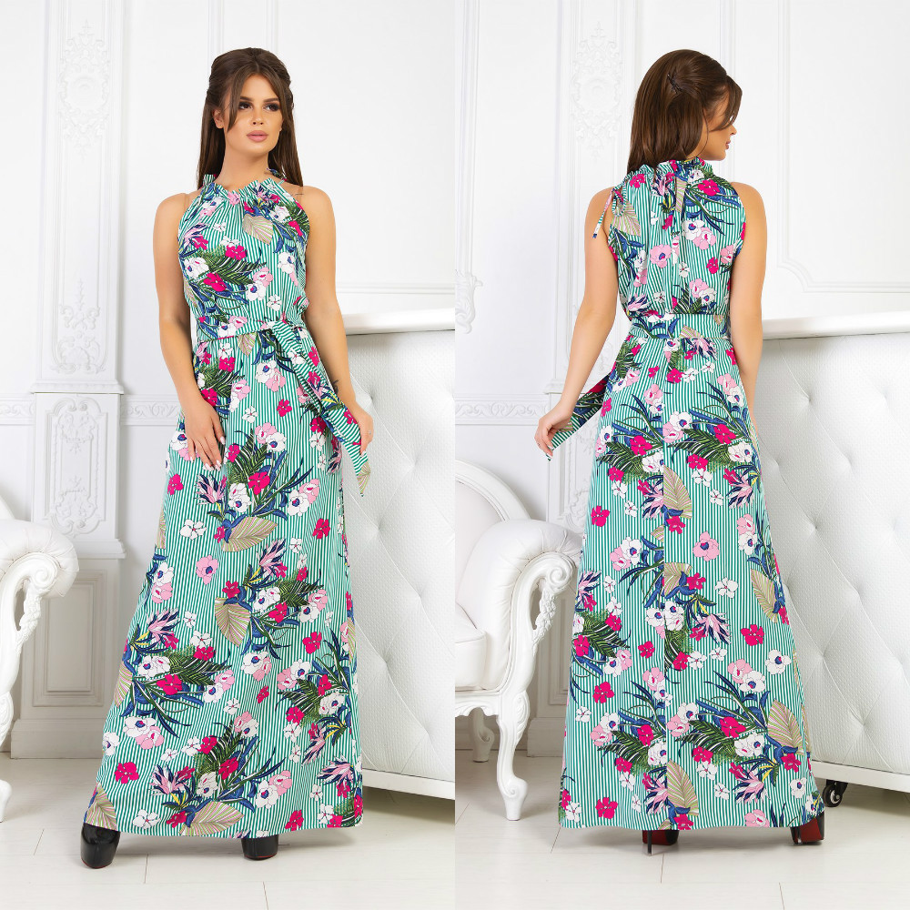 Прекрасное летнее макси платье сарафан длинное в пол с завязками на шее и открытыми плечами в цветы и полоску - фото 1 - id-p8293915