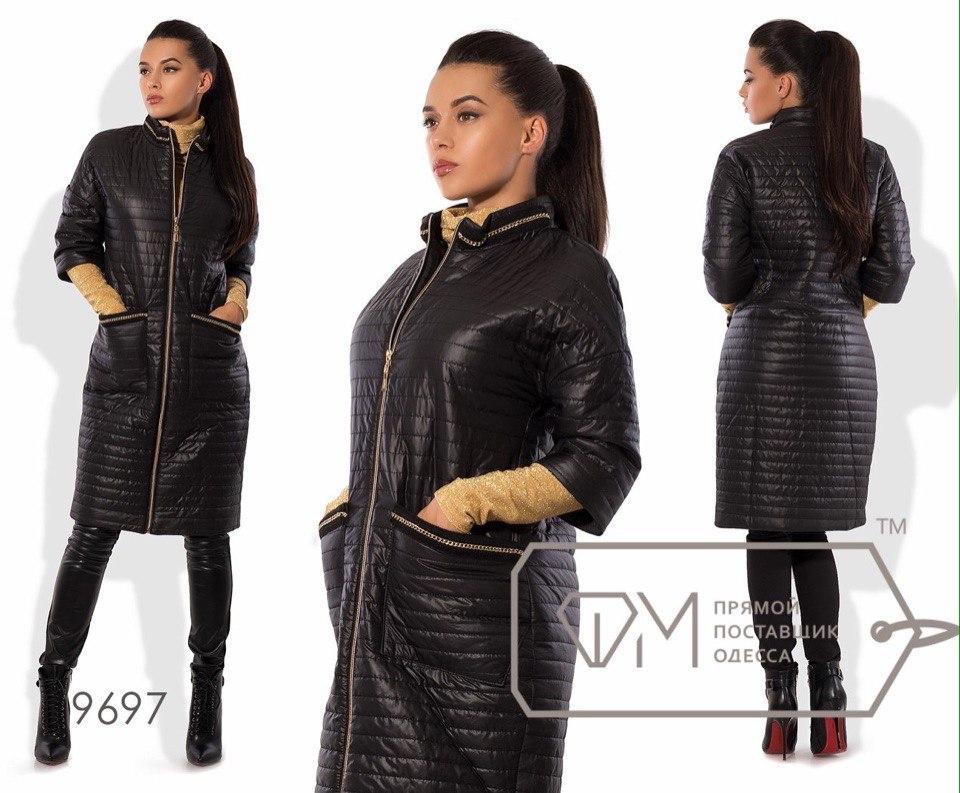 Оригинальное длинное стеганое пальто на молнии укороченный рукав, батал большие размеры - фото 1 - id-p5635230