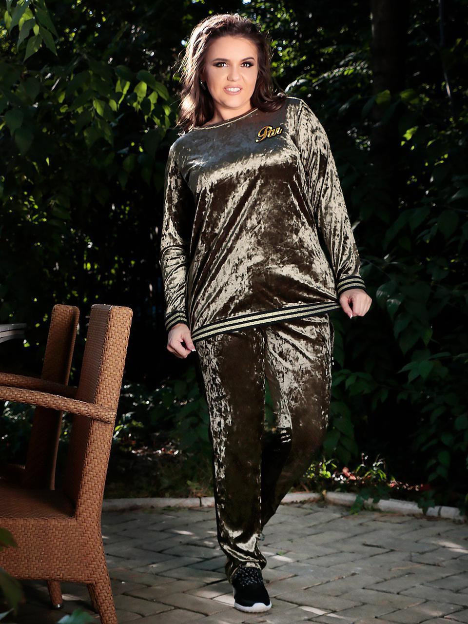 Красивый бархатный костюм с лампасами: штаны и кофта туника удлиненная сзади, батал большие размеры - фото 1 - id-p8492382