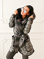 Модное женское пальто кардиган на запах с поясом и большим капюшоном, жатая плащевка с шерстяной подкладкой