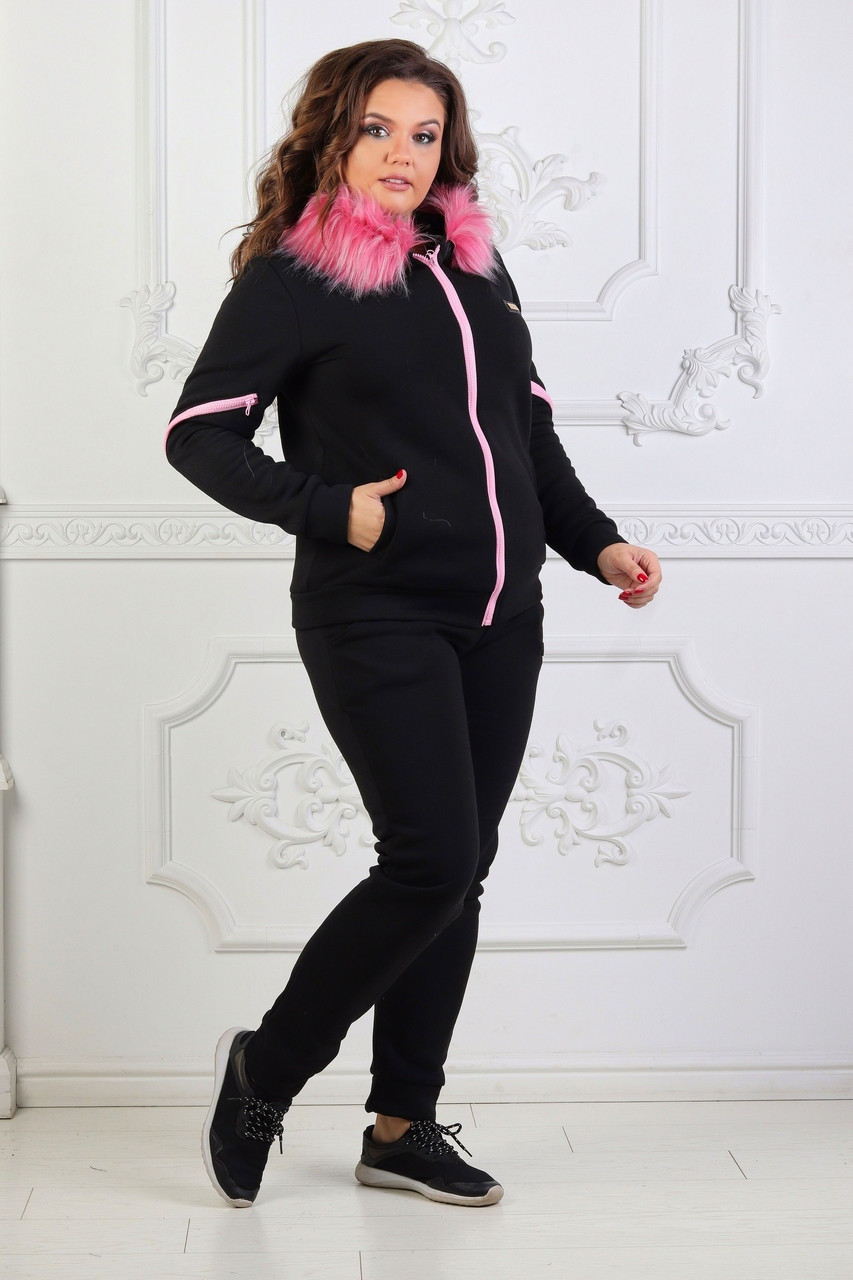 Женский зимний спортивный костюм: штаны и кофта с капюшоном с пышным мехом, больше размеры - фото 1 - id-p8759584