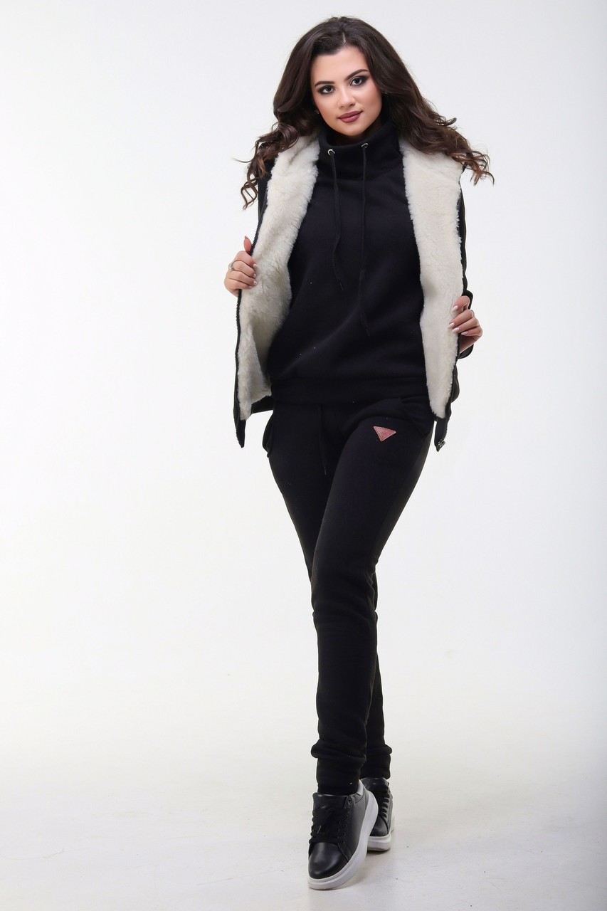 Утепленный спортивный женский костюм тройка: кофта высокий ворот, штаны и жилетка на меху - фото 1 - id-p8759602