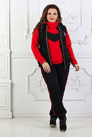 Утепленный спортивный женский костюм тройка: кофта высокий ворот, штаны и жилетка с капюшоном, большие размеры