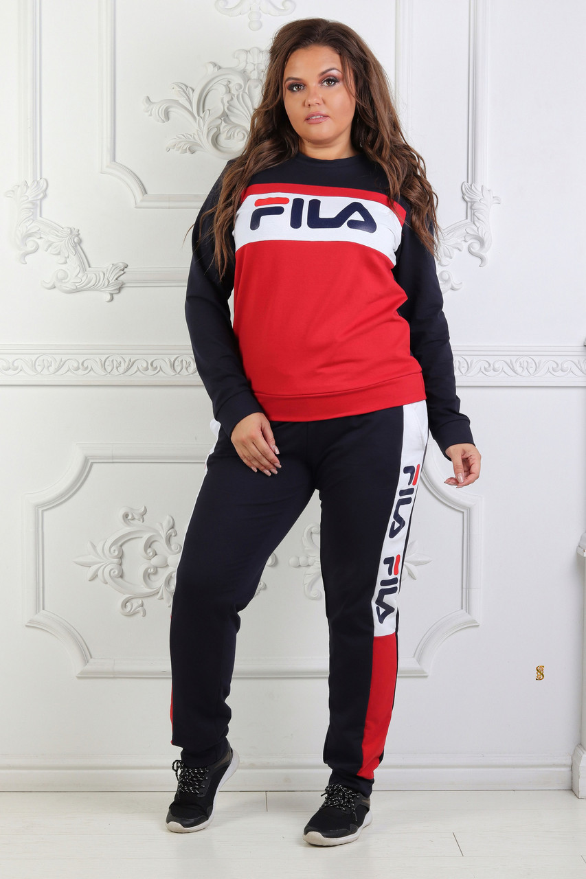 Женский спортивный трехцветный костюм: кофта и штаны на манжетах, батал большие размеры - фото 1 - id-p8588138