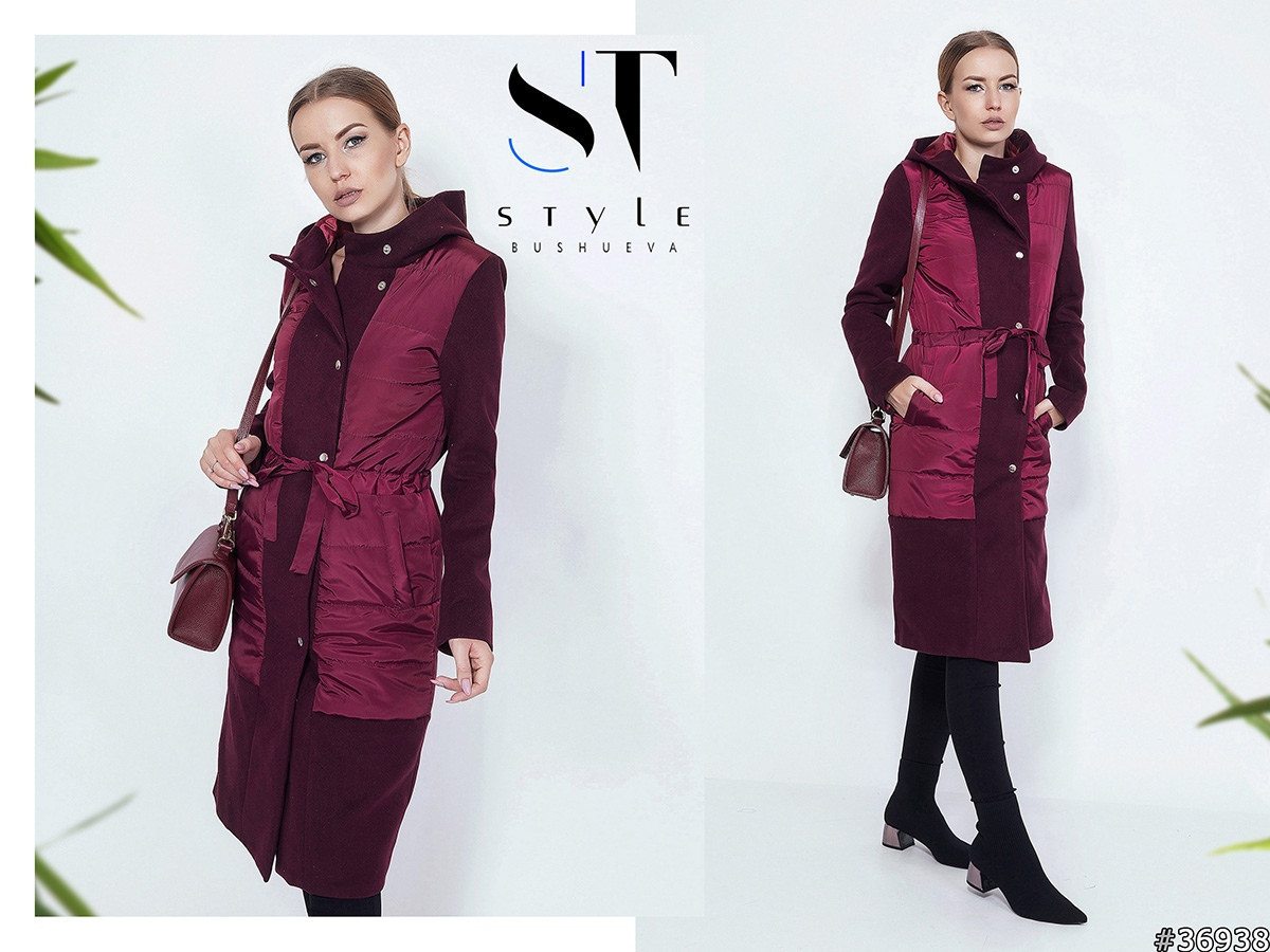 Осеннее комбинированное пальто женское с капюшоном, кашемир с плащевкой - фото 1 - id-p8639085