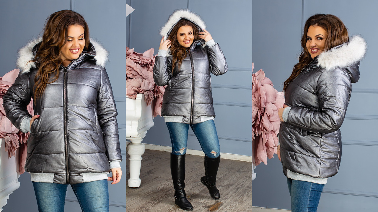 Женская теплая зимняя куртка из кожзама металлик на синтепоне и меху с капюшоном с мехом, батал большие размер - фото 1 - id-p8738225