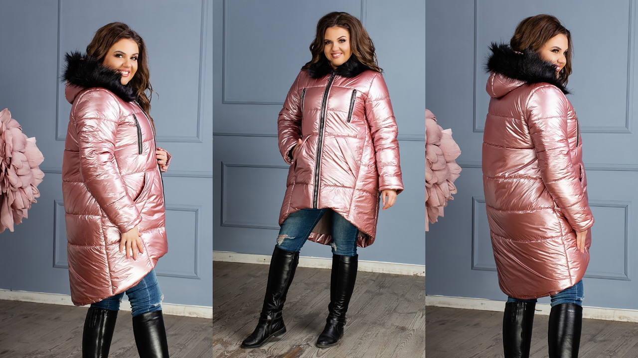 Женская теплая удлиненная осенне-зимняя куртка металлик на синтепоне, капюшон с мехом, батал большие размеры - фото 1 - id-p8738228