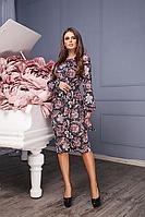 Романтическое цветастое деловое платье миди с широкими рукавами и поясом в комплекте