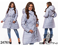Стеганное осеннее-зимнее пальто клешенного кроя на кнопках с поясом, норма и полубатал размеры
