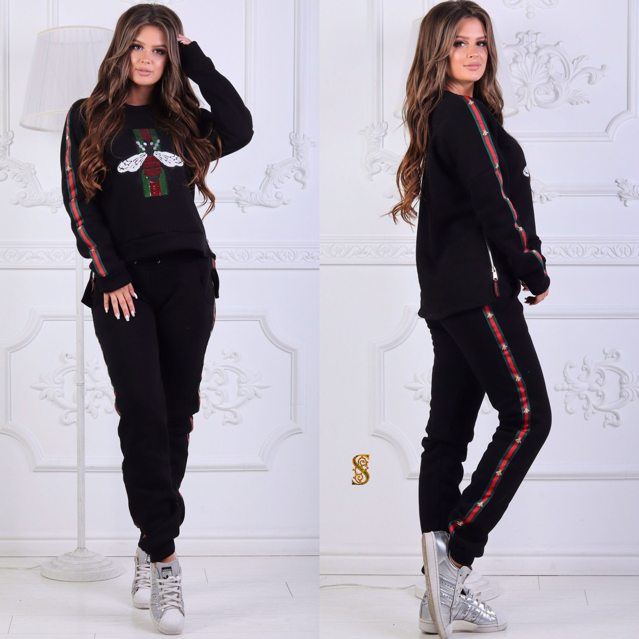 Женский зимний трикотажный спортивный костюм с аппликацией из пайетки - фото 1 - id-p8755345