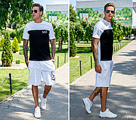 Мужской модный спортивный двухцветный костюм летний: футболка и шорты, реплика Армани