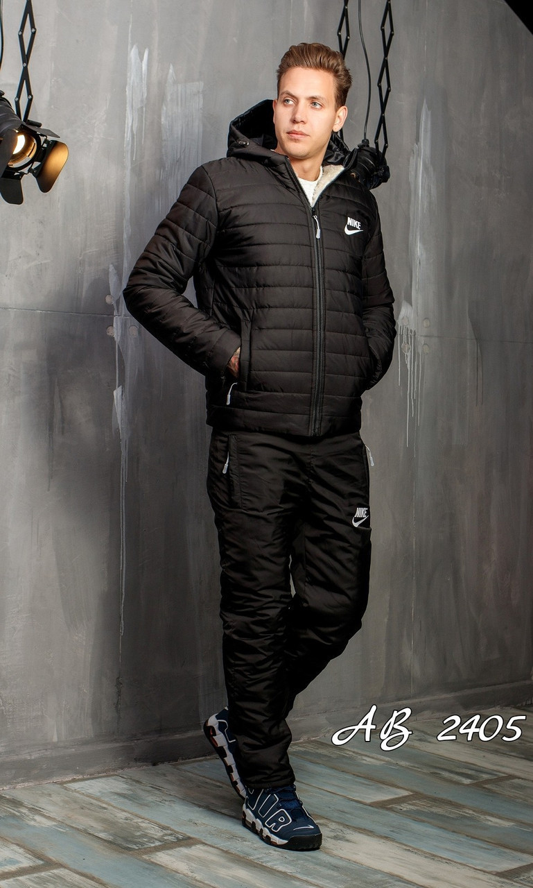Мужской зимний стеганный прогулочный костюм на синтепоне: куртка на овчине и штаны - фото 1 - id-p8767246