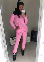 Женский спортивный костюм теплый, вставки плащевки: кофта батник с капюшоном и штаны, батал большие размеры