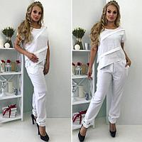 Удобный летний костюм из льна: футболка с драпировкой и штаны с карманами, батал большие размеры