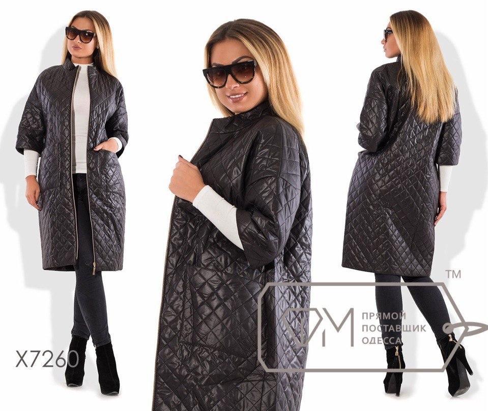 Оригинальное длинное стеганое пальто на молнии укороченный рукав супер батал большие размеры - фото 1 - id-p8144429