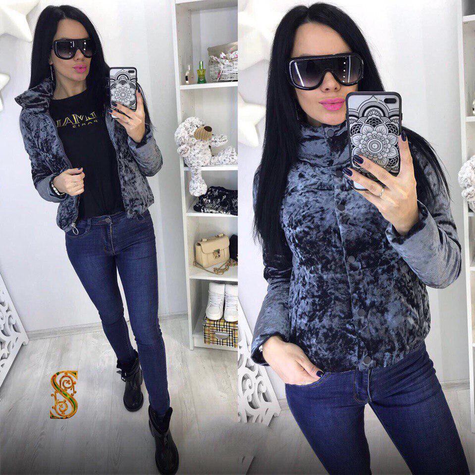 Бархатная стильная осенняя куртка на кнопках с высоким воротом - фото 1 - id-p8623185