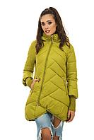 Женская очень теплая зимняя стеганная куртка пуховик со съемным капюшоном и змейкой наискосок