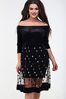 Праздничное черное бархатное платье с открытыми плечами и сетчастой юбкой с звездочками, батал большие размеры