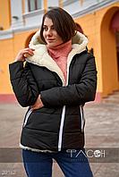 Зимняя куртка женская на овчине с косой молнией и теплым капюшоном