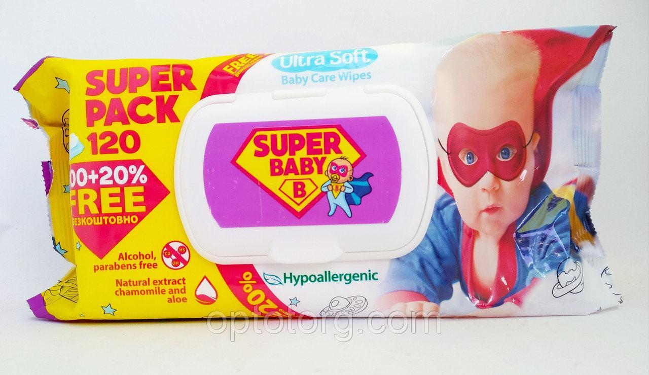 Детские влажные салфетки "Super Baby" 120 шт ромашка и алоэ - фото 1 - id-p9119203