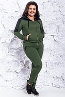 Женский спортивный костюм штаны и кофта на змейке с капюшоном со вставками кожи, батал большие размеры