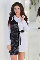 Оригинальная удлиненная черно-белая женская рубашка туника с атласной отделкой с кружевом и поясом