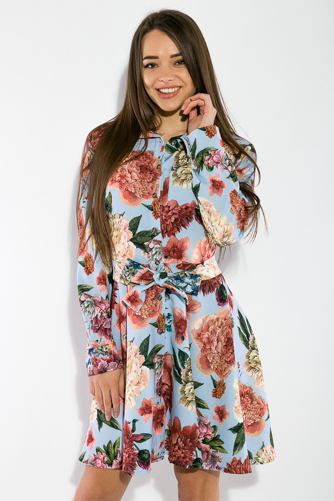 Расклешенное платье на пуговицах с рубашечным воротом и поясом, красивый рисунок цветов - фото 1 - id-p9250518