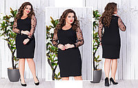 Облегающее черное платье футляр с красивыми сетчатыми рукавами, норма и батал большие размеры