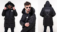 Зимнее длинное теплое пальто куртка мужское на синтепоне и меху с капюшоном с меховой опушкой