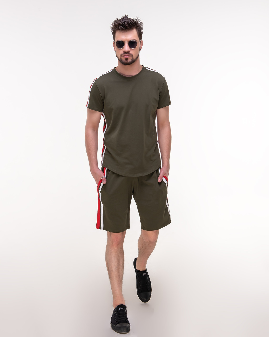 Мужской летний тренировочный прогулочный костюм: шорты и футболка с лампасами - фото 1 - id-p9357271