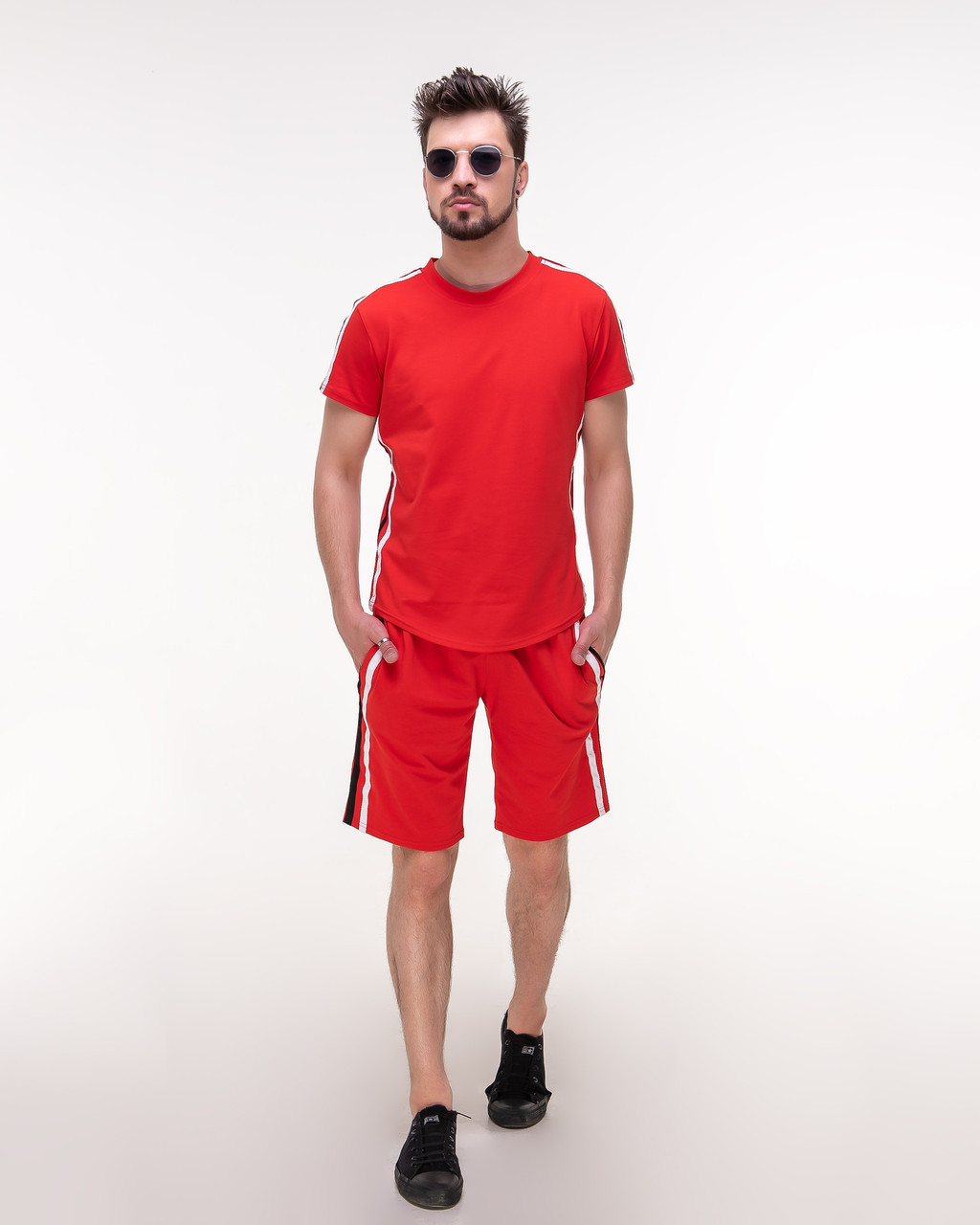 Мужской летний тренировочный прогулочный костюм: шорты и футболка с лампасами - фото 1 - id-p9357274