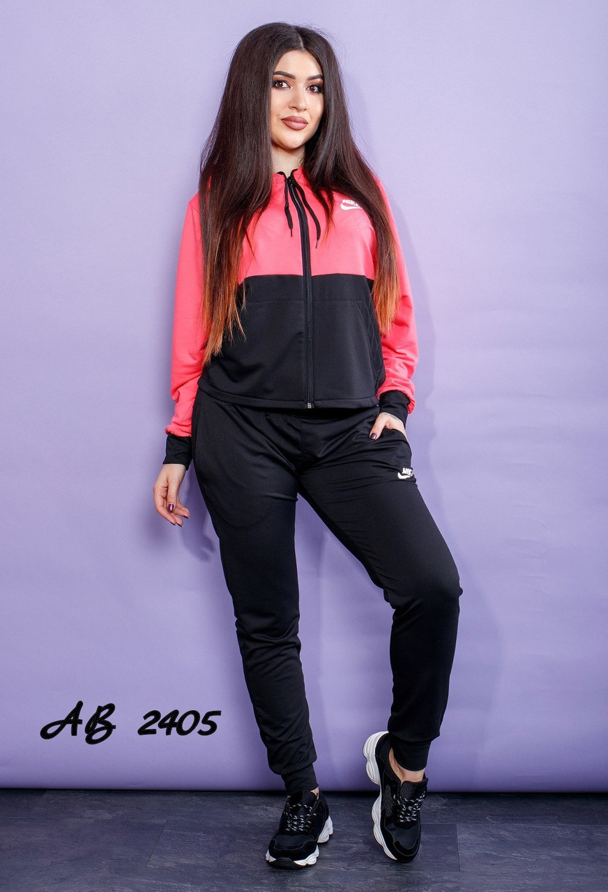 Женский спортивный двухцветный костюм, штаны и кофта с капюшоном, реплика Nike, батал большие размеры - фото 1 - id-p9358933