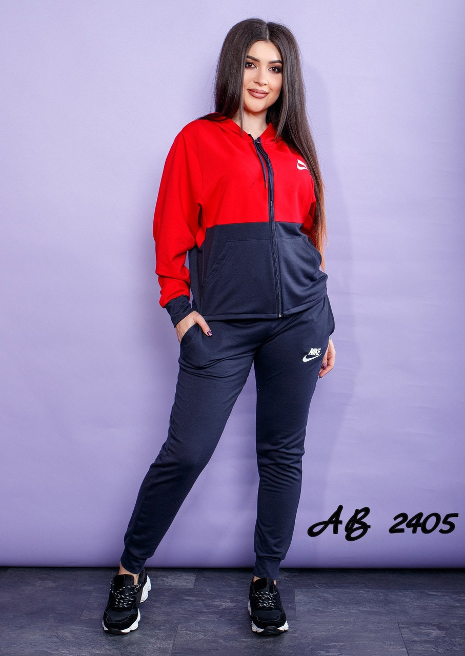 Женский спортивный двухцветный костюм, штаны и кофта с капюшоном, реплика Nike, батал большие размеры - фото 1 - id-p9389502