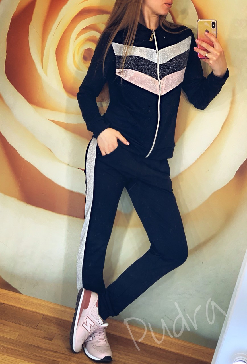 Женский спортивный костюм: штаны и кофта бомбер на змейке со вставками люрексовой ткани - фото 1 - id-p9399786