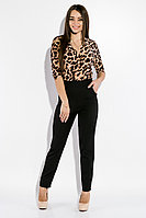 Стильный молодежный женский комбинезон с леопардовым верхом с запахом на груди и классическими черными брюками