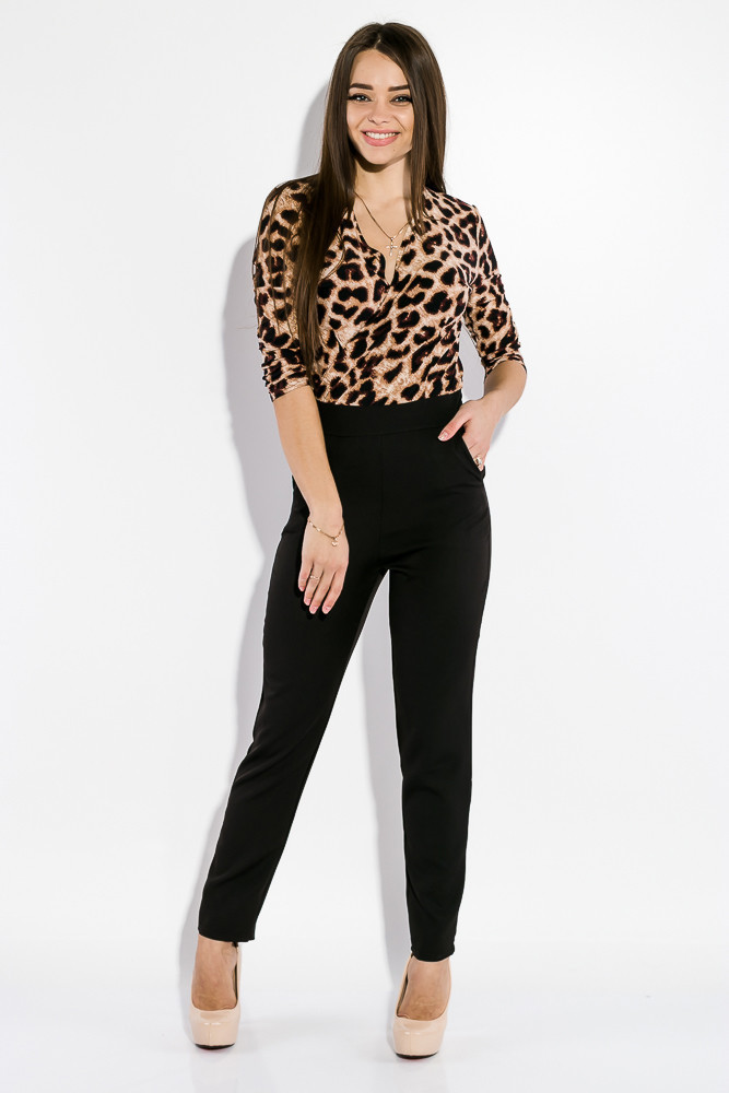 Стильный молодежный женский комбинезон с леопардовым верхом с запахом на груди и классическими черными брюками - фото 1 - id-p9413011