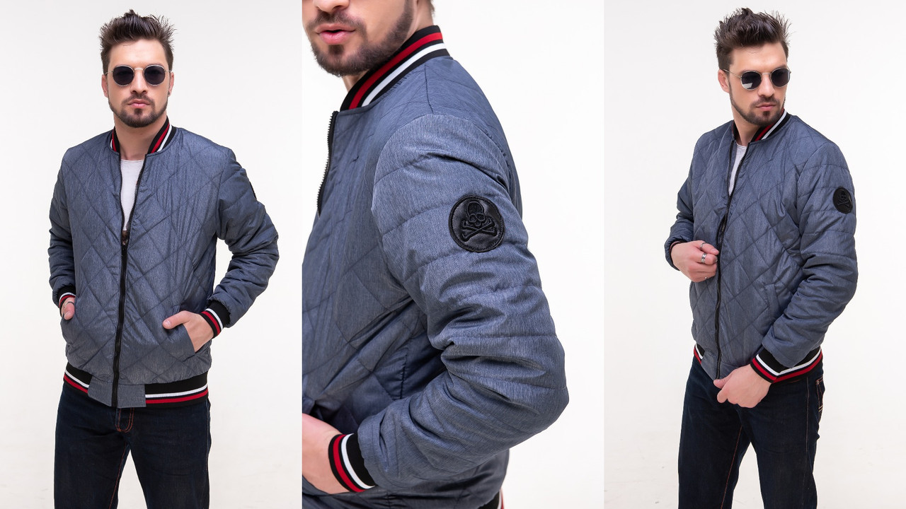 Молодежная мужская куртка бомбер с трехцветными манжетами, стеганная в ромбик - фото 1 - id-p9413930
