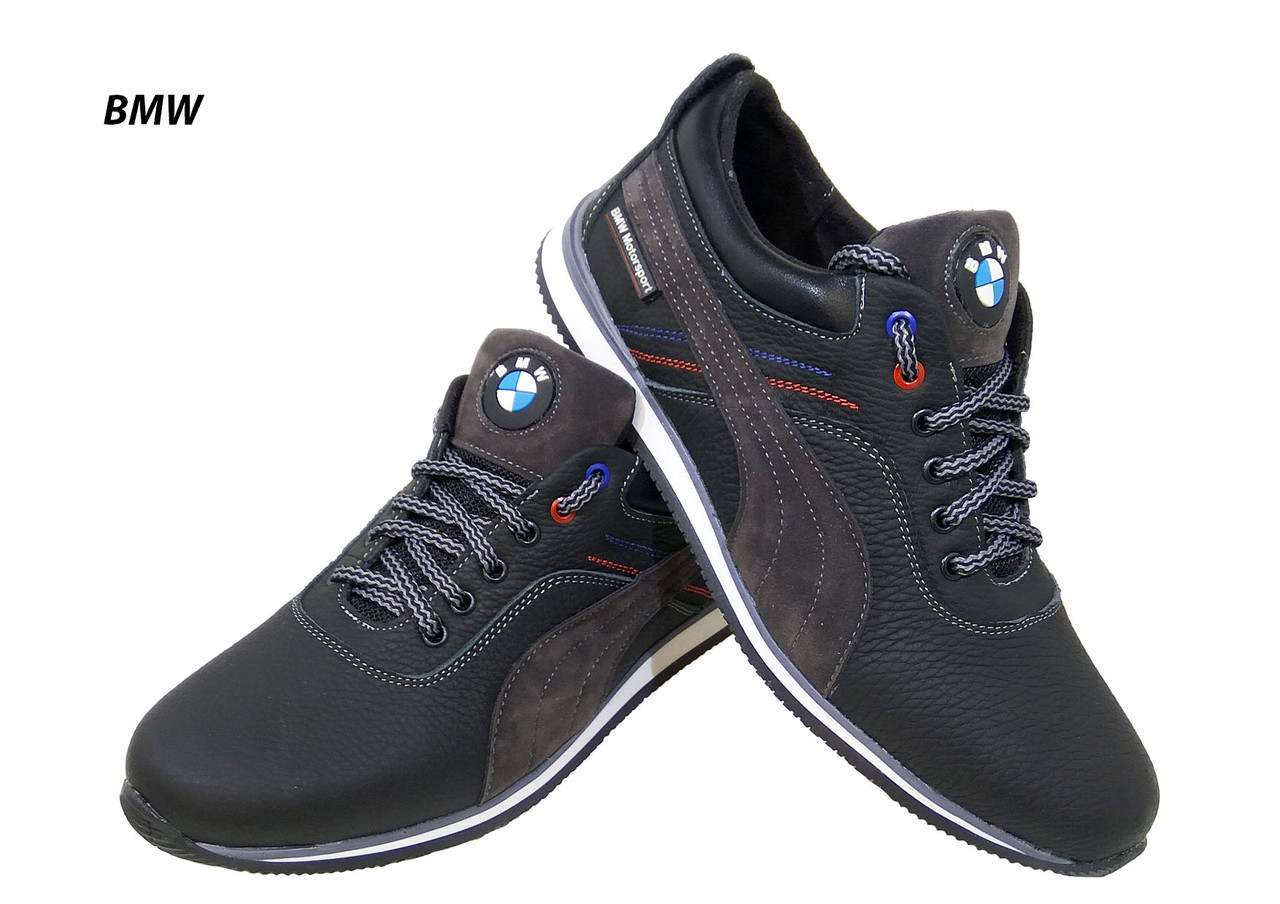 Кроссовки черные натуральная кожа на шнуровке с серой вставкой (BMW серый) 43 - фото 1 - id-p9415942