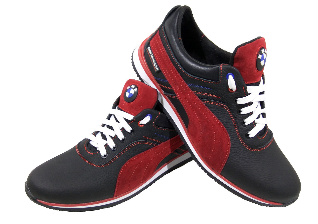 Кроссовки черные натуральная кожа на шнуровке с красной вставкой (BMW красный) 42 - фото 1 - id-p9415943