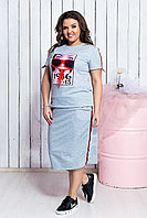 Женский прогулочный летний костюм: юбка и футболка с аппликацией и лампасами, батал большие размеры