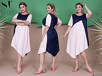 Асимметричное двухцветное платье разлетайка на короткий рукав, батал большие размеры
